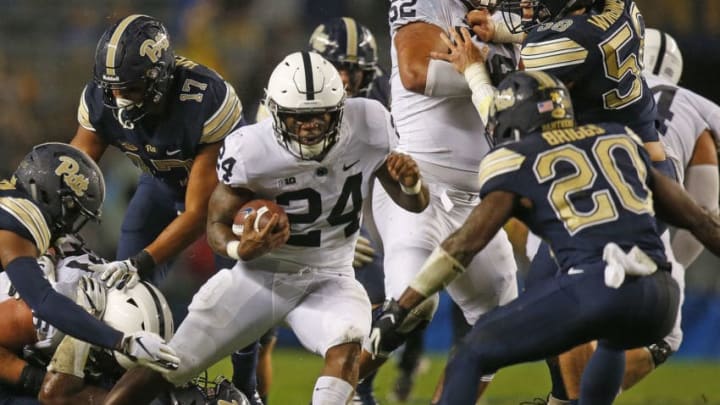 PITTSBURGH, PA - SEPTEMBER 08: Miles Sanders #24 of the Penn State Nittany Lions rushes against the Pittsburgh Panthers on September 8, 2018 at Heinz Field in Pittsburgh, Pennsylvania. (Photo by Justin K. Aller/Getty Images)