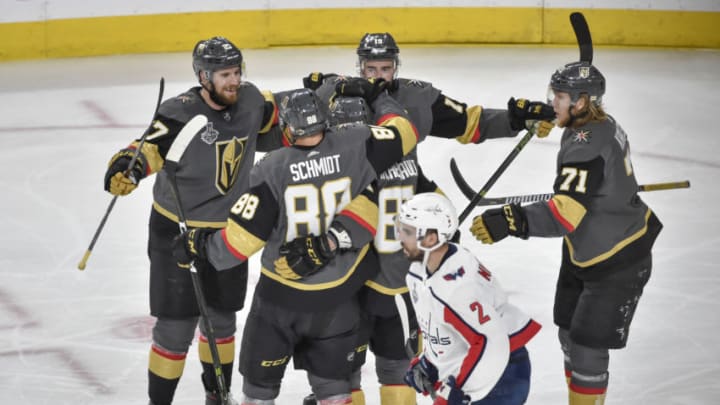 LAS VEGAS, NV - JUNE 07: Nate Schmidt #88 celebrates his goal with teammates Shea Theodore #27, Jonathan Marchessault #81, William Karlsson #71 and Reilly Smith #19 of the Vegas Golden Knights against the Washington Capitals in Game Five of the Stanley Cup Final during the 2018 NHL Stanley Cup Playoffs at T-Mobile Arena on June 7, 2018 in Las Vegas, Nevada. (Photo by David Becker/NHLI via Getty Images)
