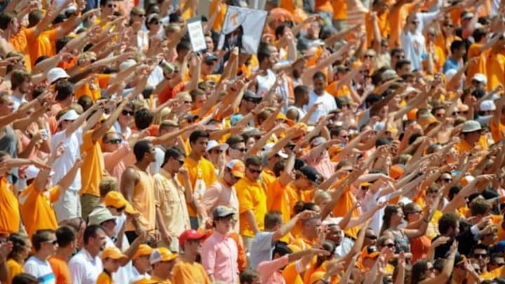 Sep 6, 2014; Knoxville, TN, USA; Tennessee Volunteers fans react during an Arkansas State Red Wolves third down during the second half at Neyland Stadium. Tennessee won 34 to 19. Mandatory Credit: Randy Sartin-USA TODAY Sports