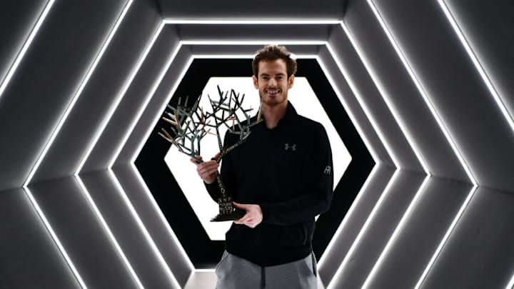 PARIS, FRANCE - NOVEMBER 06: Andy Murray of Great Britain poses with 'Tree of Fanti' Trophy after winning the Mens Singles Final against John Isner of the United States on day seven of the BNP Paribas Masters at Palais Omnisports de Bercy on November 6, 2016 in Paris, France. (Photo by Dan Mullan/Getty Images)