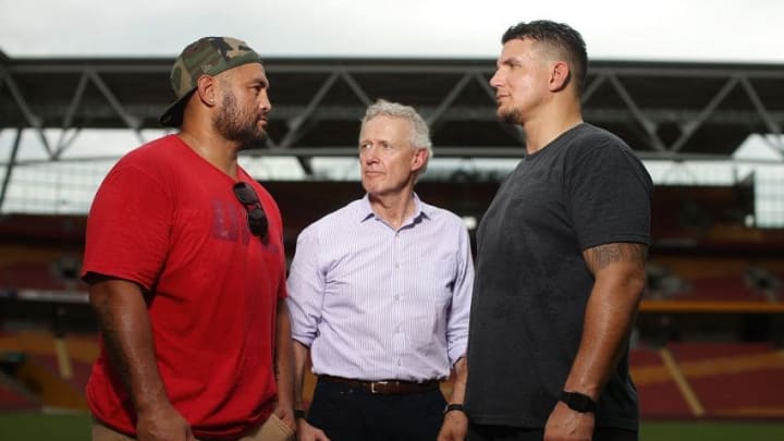 BRISBANE, AUSTRALIA - FEBRUARY 02: UFC Fighters Mark Hunt and Frank Mir face off during a media opportunity at Suncorp Stadium on February 2, 2016 in Brisbane, Australia. (Photo by Chris Hyde/Getty Images)