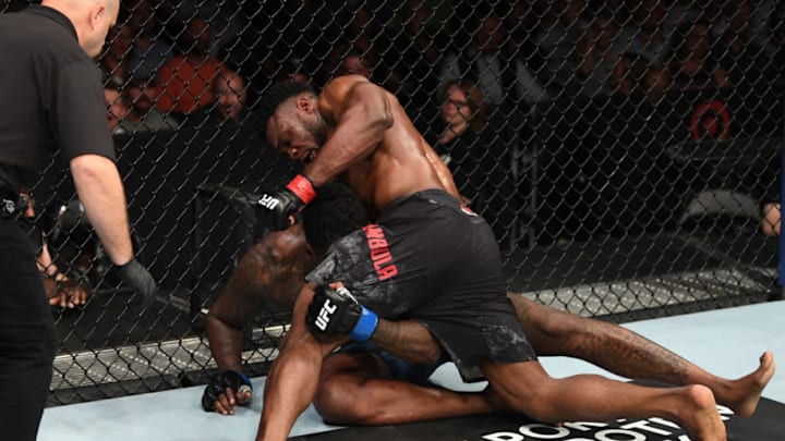 MINNEAPOLIS, MN - JUNE 29: (R-L) Dalcha Lungiambula of the Democratic Republic of Congo punches Dequan Townsend in their light heavyweight bout during the UFC Fight Night event at the Target Center on June 29, 2019 in Minneapolis, Minnesota. (Photo by Josh Hedges/Zuffa LLC/Zuffa LLC via Getty Images)