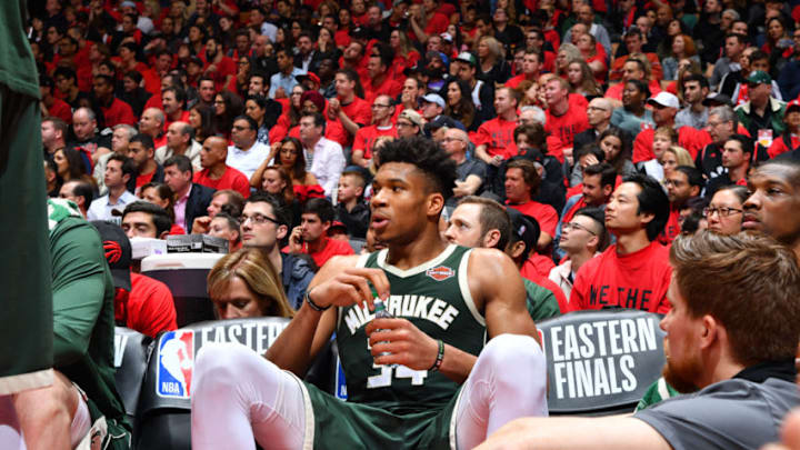 TORONTO, CANADA - MAY 19: Giannis Antetokounmpo #34 of the Milwaukee Bucks looks on during a game against the Toronto Raptors during Game Three of the Eastern Conference Finals of the 2019 NBA Playoffs on May 19, 2019 at the Scotiabank Arena in Toronto, Ontario, Canada. NOTE TO USER: User expressly acknowledges and agrees that, by downloading and or using this Photograph, user is consenting to the terms and conditions of the Getty Images License Agreement. Mandatory Copyright Notice: Copyright 2019 NBAE (Photo by Jesse D. Garrabrant/NBAE via Getty Images)