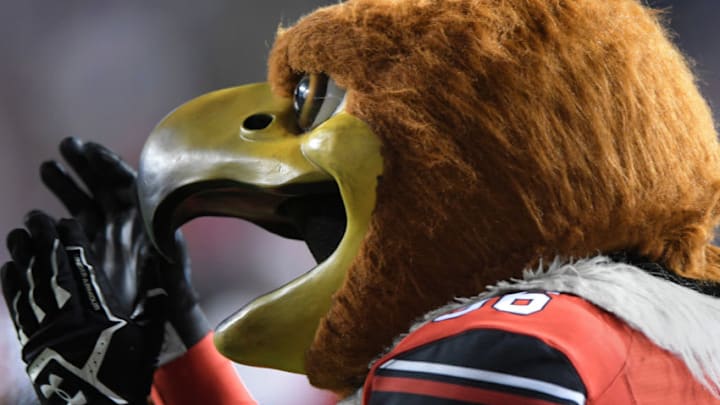 PROVO, UT - SEPTEMBER 9: The Utah Utes mascot Swoop applauds a play during the Utes game against the Brigham Young Cougars at LaVell Edwards Stadium on September 9, 2017 in Provo, Utah. (Photo by Gene Sweeney Jr/Getty Images)