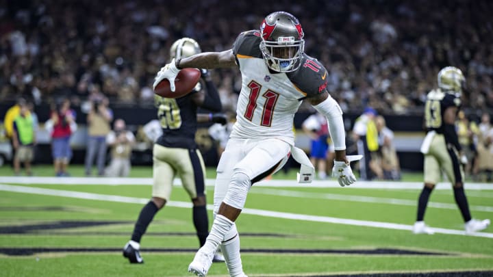 NEW ORLEANS, LA – SEPTEMBER 9: DeSean Jackson #11 of the Tampa Bay Buccaneers celebrates in the end zone with a dance after catching a touchdown pass against the New Orleans Saints at Mercedes-Benz Superdome on September 9, 2018 in New Orleans, Louisiana. The Buccaneers defeated the Saints 48-40. (Photo by Wesley Hitt/Getty Images)