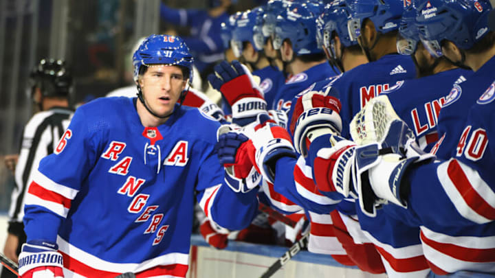 NEW YORK, NEW YORK - DECEMBER 03: Ryan Strome #16 of the New York Rangers celebrates his first period goal against the San Jose Sharks at Madison Square Garden on December 03, 2021 in New York City. (Photo by Bruce Bennett/Getty Images)