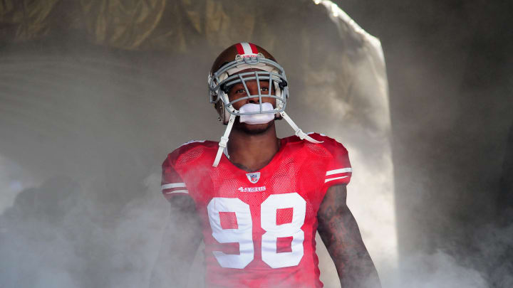 November 13, 2011; San Francisco, CA, USA; San Francisco 49ers outside linebacker Parys Haralson (98) stands in the player tunnel before the game against the New York Giants at Candlestick Park. The 49ers defeated the Giants 27-20. Mandatory Credit: Kyle Terada-USA TODAY Sports