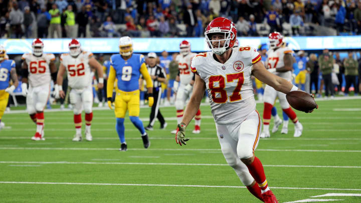 Travis Kelce #87 of the Kansas City Chiefs  (Photo by Harry How/Getty Images)