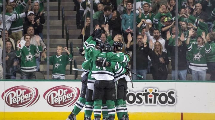 Oct 13, 2016; Dallas, TX, USA; The Dallas Stars celebrate a goal by defenseman Stephen Johns (28) against the Anaheim Ducks during the first period at the American Airlines Center. Mandatory Credit: Jerome Miron-USA TODAY Sports