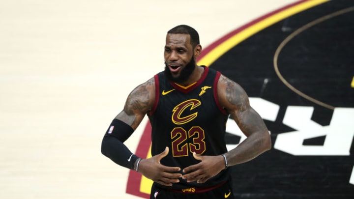 CLEVELAND,OH - LeBron James #23 of the Cleveland Cavaliers reacts in Game Four of the 2018 NBA Finals on June 8, 2018 at Quicken Loans Arena in Cleveland, Ohio. NOTE TO USER: User expressly acknowledges and agrees that, by downloading and/or using this photograph, user is consenting to the terms and conditions of the Getty Images License Agreement. Mandatory Copyright Notice: Copyright 2018 NBAE (Photo by Joe Murphy/NBAE via Getty Images)