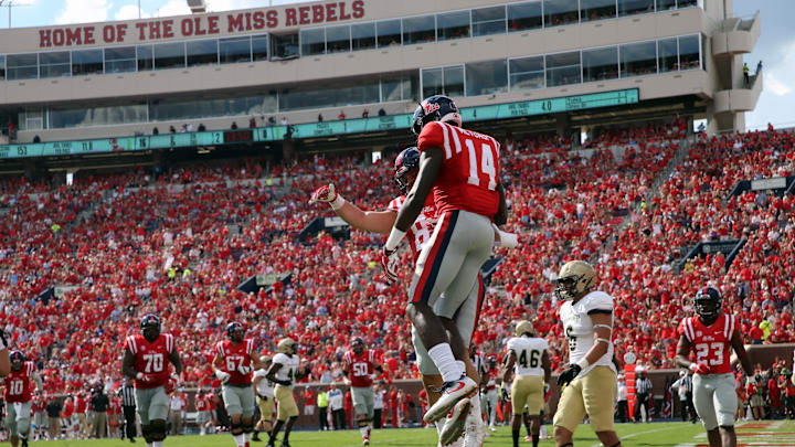 OXFORD, MS – SEPTEMBER 10: D.K. Metcalf #14 of the Mississippi Rebels celebrates his touchdown against the Wofford Terriers on September 10, 2016 at Vaught-Hemingway Stadium in Oxford, Mississippi. Mississippi defeated Wofford 38-13. (Photo by Joe Murphy/Getty Images)