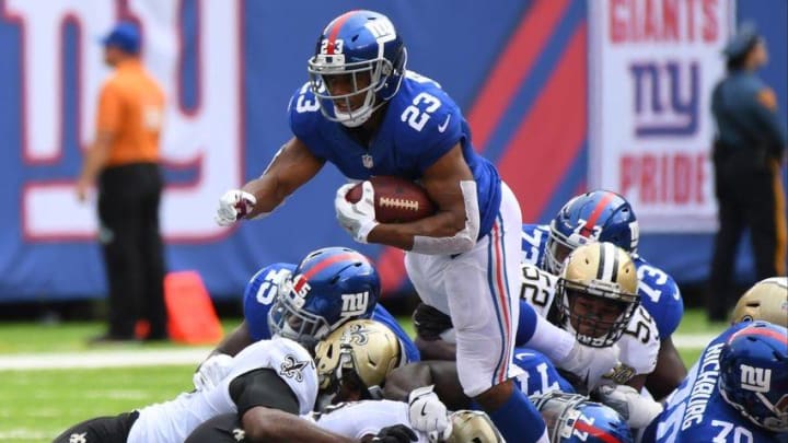 Sep 18, 2016; East Rutherford, NJ, USA; New York Giants running back Rashad Jennings (23) breaks free for yardage during the first quarter against the New Orleans Saints at MetLife Stadium. Mandatory Credit: Robert Deutsch-USA TODAY Sports