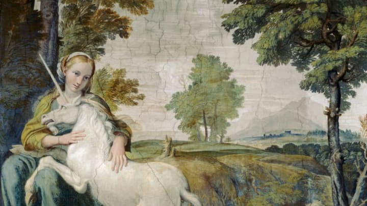 An early 17th-century painting of a young woman and a unicorn.