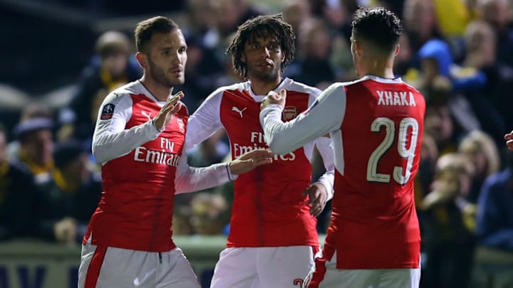 SUTTON, GREATER LONDON - FEBRUARY 20: Lucas Perez of Arsenal celebrates after scoring a goal to make it 0-1 during The Emirates FA Cup Fifth Round match between Sutton United and Arsenal on February 20, 2017 in Sutton, Greater London. (Photo by Catherine Ivill - AMA/Getty Images)