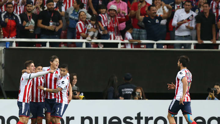 ZAPOPAN, MEXICO - MARCH 14: Javier Lopez of Chivas celebrates with his teammates after scoring the second goal of his team during the quarterfinals second leg match between Chivas and Seattle Sounders as part of the CONCACAF Champions League 2018 at Akron Stadium on March 14, 2018 in Zapopan, Mexico. (Photo by Refugio Ruiz/Getty Images)