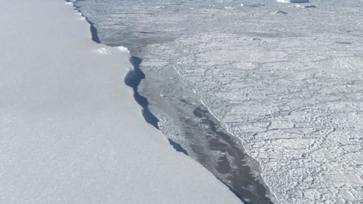 The ice on the left is the Larsen C ice shelf; the right, the western edge of A-68.