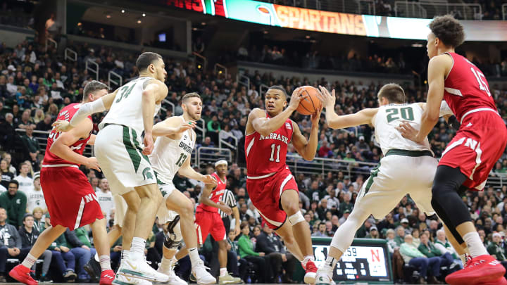 EAST LANSING, MI – DECEMBER 3: Evan Taylor #11 of the Nebraska Cornhuskers drives to the basket during the game against the Michigan State Spartans at Breslin Center on December 3, 2017 in East Lansing, Michigan. (Photo by Rey Del Rio/Getty Images)