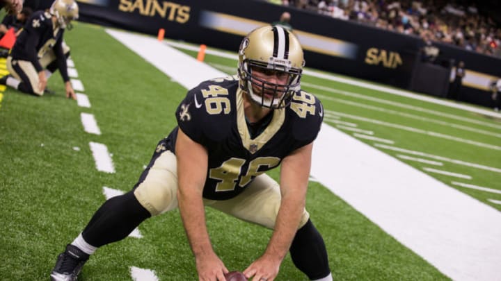 NEW ORLEANS, LA - AUGUST 31: New Orleans Saints long snapper Jon Dorenbos (46) hikes the ball during the game between the New Orleans Saints and the Baltimore Ravens on August 31, 2017 at the Mercedes-Benz Superdome in New Orleans, LA. Baltimore Ravens win 14-13. (Photo by Stephen Lew/Icon Sportswire via Getty Images)