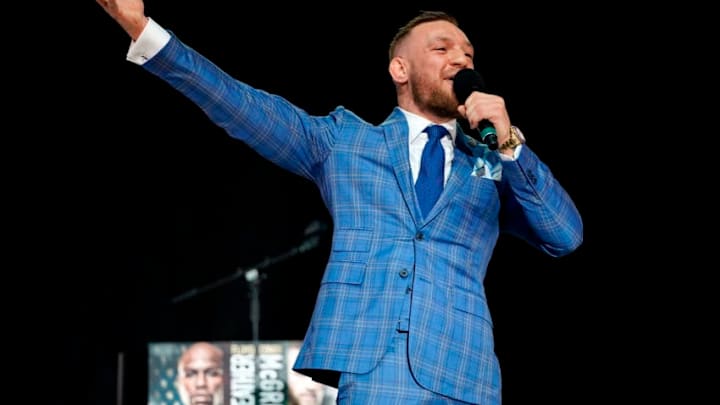 TORONTO, CANADA - JULY 12: Conor McGregor interacts with the crowd as he speaks on stage during the Floyd Mayweather Jr. v Conor McGregor World Press Tour event at Budweiser Stage on July 12, 2017 in Toronto, Ontario, Canada. (Photo by Jeff Bottari/Zuffa LLC/Zuffa LLC via Getty Images)