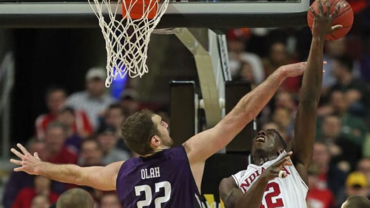 CHICAGO, IL - MARCH 12: Hanner Mosquera-Perea #12 of the Indiana Hoosiers puts up a shot against Alex Olah #22 of the Northwestern Wildcats during the second round of the 2015 Big Ten Men's Basketball Tournament at the United Center on March 12, 2015 in Chicago, Illinois. Indiana defeated Northwestern 71-56. (Photo by Jonathan Daniel/Getty Images)