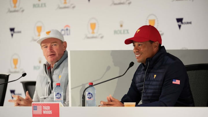 MELBOURNE, AUSTRALIA - DECEMBER 10: Ernie Els of the International team and Tiger Woods of the United States team speak to the media during a captains press conference ahead of the 2019 Presidents Cup at the Royal Melbourne Golf Course on December 10, 2019 in Melbourne, Australia. (Photo by Cliff Hawkins/Getty Images) MELBOURNE, AUSTRALIA - DECEMBER 10: Ernie Els of the International team and Tiger Woods of the United States team speak to the media during a captains press conference ahead of the 2019 Presidents Cup at the Royal Melbourne Golf Course on December 10, 2019 in Melbourne, Australia. (Photo by Cliff Hawkins/Getty Images)