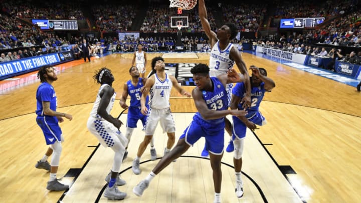 BOISE, ID - MARCH 17: Hamidou Diallo #3 of the Kentucky Wildcats slam dunks over Nick Perkins #33 and Dontay Caruthers #22 of the Buffalo Bulls in the second round of the 2018 NCAA Men's Basketball Tournament held at Taco Bell Arena on March 17, 2018 in Boise, Idaho. (Photo by Brett Wilhelm/NCAA Photos via Getty Images)