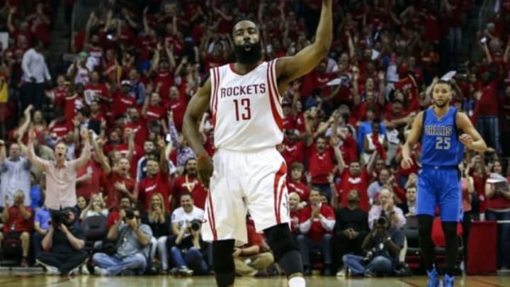 Apr 18, 2015; Houston, TX, USA; Houston Rockets guard James Harden (13) reacts after making a three point basket during the first quarter against the Dallas Mavericks in game one of the first round of the NBA Playoffs at Toyota Center. Mandatory Credit: Troy Taormina-USA TODAY Sports Apr 18, 2015; Houston, TX, USA; Houston Rockets guard James Harden (13) reacts after making a three point basket during the first quarter against the Dallas Mavericks in game one of the first round of the NBA Playoffs at Toyota Center. Mandatory Credit: Troy Taormina-USA TODAY Sports