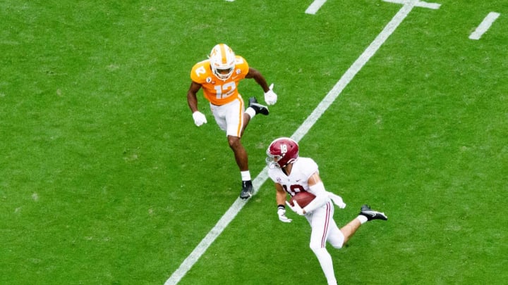 Alabama wide receiver Slade Bolden (18) runs the ball during the Alabama and Tennessee football game at Neyland Stadium at the University of Tennessee in Knoxville, Tenn., on Saturday, Oct. 24, 2020.Tennessee Vs Alabama Football 100622