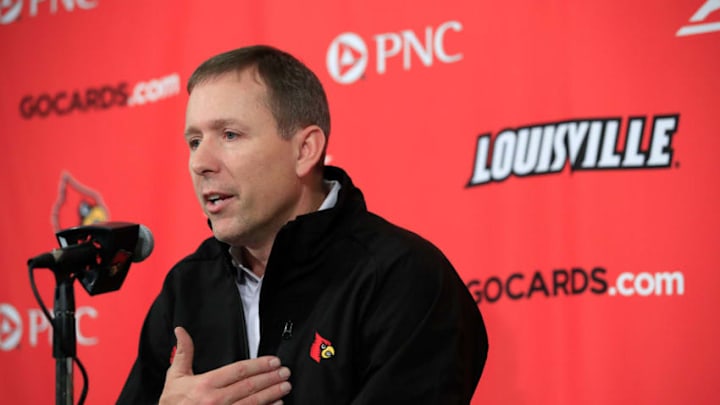 LOUISVILLE, KY - DECEMBER 05: Scott Satterfield the new head coach of football team at the University of Louisville talks to the media before the start od the Louisville Cardinals against the Central Arkansas Bears at KFC YUM! Center on December 5, 2018 in Louisville, Kentucky. (Photo by Andy Lyons/Getty Images)