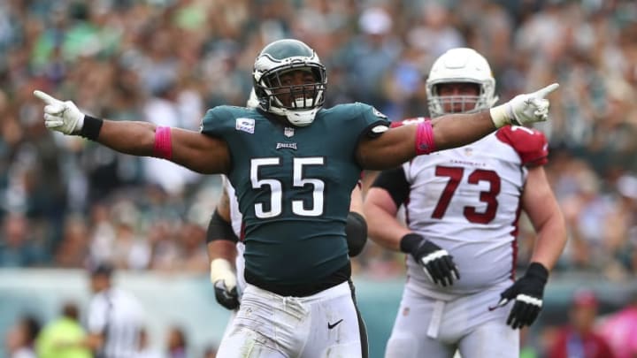 PHILADELPHIA, PA - OCTOBER 08: Brandon Graham #55 of the Philadelphia Eagles reacts in front of John Wetzel #73 of the Arizona Cardinals in the third quarter at Lincoln Financial Field on October 8, 2017 in Philadelphia, Pennsylvania. The Eagles defeated the Cardinals 34-7. (Photo by Mitchell Leff/Getty Images)