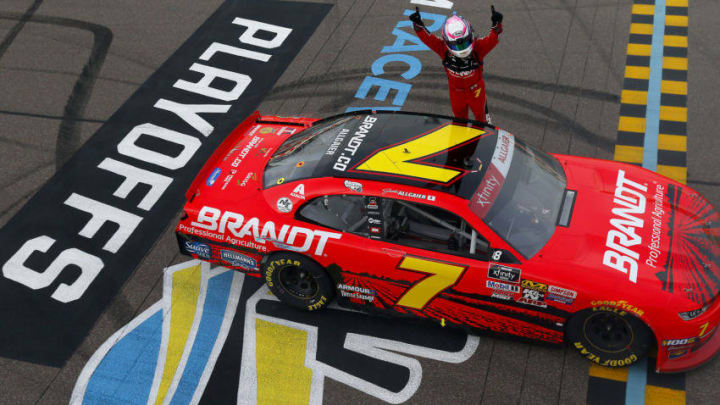 AVONDALE, ARIZONA - NOVEMBER 09: Justin Allgaier, driver of the #7 BRANDT Professional Agriculture Chevrolet, celebrates his victory during the NASCAR Xfinity Series Desert Diamond Casino West Valley 200 at ISM Raceway on November 09, 2019 in Avondale, Arizona. (Photo by Jonathan Ferrey/Getty Images)