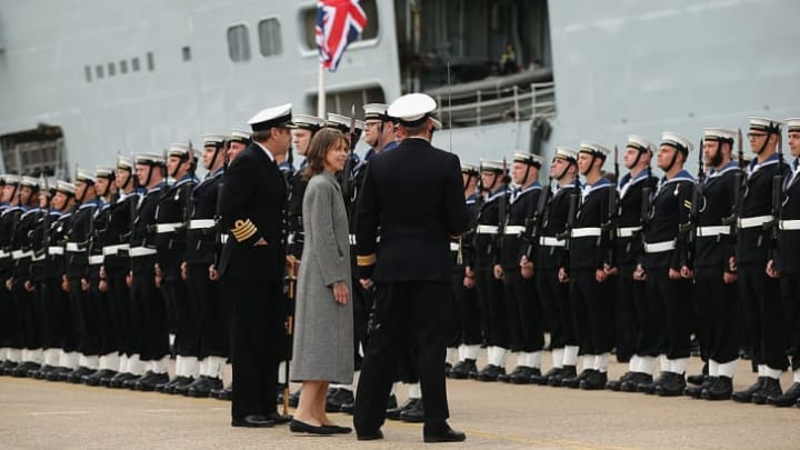 Lady Sarah Chatto inspects the Company of the HMS Illustrious as they stand in formation during her decommissioning ceremony on August 28, 2014 in Portsmouth, England