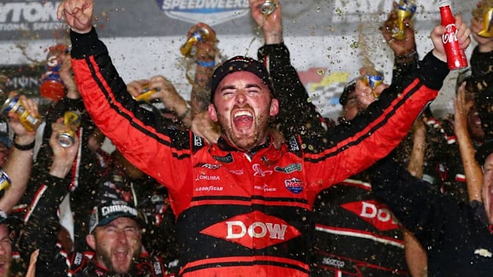 DAYTONA BEACH, FL - FEBRUARY 18: Austin Dillon, driver of the #3 DOW Chevrolet, celebrates in Victory Lane after winning the Monster Energy NASCAR Cup Series 60th Annual Daytona 500 at Daytona International Speedway on February 18, 2018 in Daytona Beach, Florida. (Photo by Sarah Crabill/Getty Images)