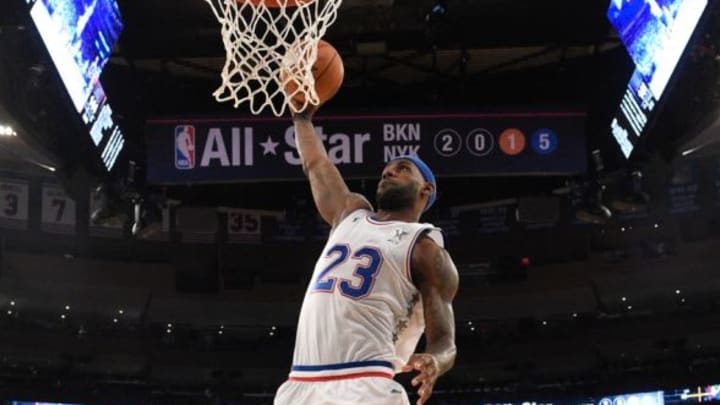 February 15, 2015; New York, NY, USA; Eastern Conference forward LeBron James of the Cleveland Cavaliers (23) dunks during the second half of the 2015 NBA All-Star Game at Madison Square Garden. The West defeated the East 163-158. Mandatory Credit: Bob Donnan-USA TODAY Sports
