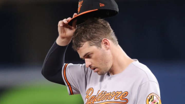 TORONTO, ON - AUGUST 20: Trey Mancini #16 of the Baltimore Orioles adjusts his cap during MLB game action against the Toronto Blue Jays at Rogers Centre on August 20, 2018 in Toronto, Canada. (Photo by Tom Szczerbowski/Getty Images)