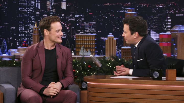 THE TONIGHT SHOW STARRING JIMMY FALLON -- Episode 1176 -- Pictured: (l-r) Actor Sam Heughan during an interview with host Jimmy Fallon on December 16, 2019 -- (Photo by: Andrew Lipovsky/NBC)