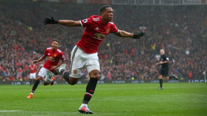 MANCHESTER, UNITED KINGDOM – OCTOBER 28: Anthony Martial of Manchester United celebrates scoring his sides first goal during the Premier League match between Manchester United and Tottenham Hotspur at Old Trafford on October 28, 2017 in Manchester, England. (Photo by Alex Livesey/Getty Images)