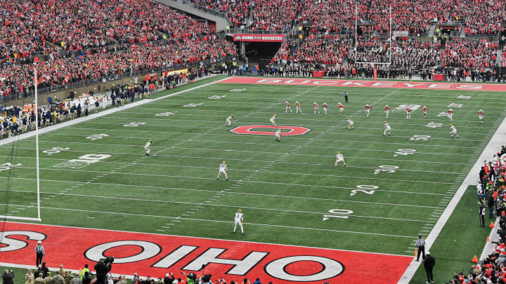 COLUMBUS, OH – NOVEMBER 24: A general view of Ohio Stadium as the Ohio State Buckeyes kick off against the Michigan Wolverines on November 24, 2018 in Columbus, Ohio. Ohio State defeated Michigan 62-39. (Photo by Jamie Sabau/Getty Images)