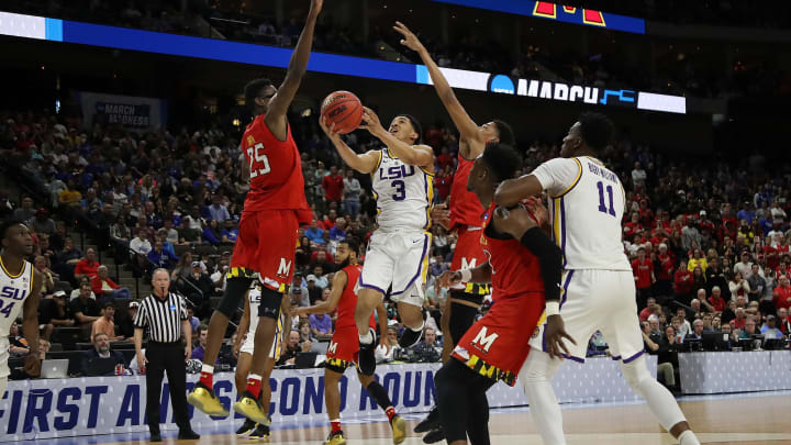JACKSONVILLE, FLORIDA – MARCH 23: Tremont Waters #3 of the LSU Tigers goes up for a shot against Jalen Smith #25 of the Maryland Terrapins during the second half of the game in the second round of the 2019 NCAA Men’s Basketball Tournament at Vystar Memorial Arena on March 23, 2019 in Jacksonville, Florida. (Photo by Sam Greenwood/Getty Images)