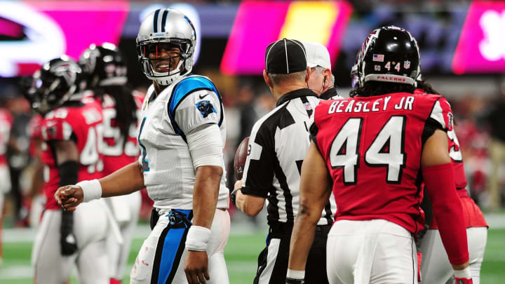 ATLANTA, GA – DECEMBER 31: Cam Newton #1 of the Carolina Panthers reacts to a play during the second half against the Atlanta Falcons at Mercedes-Benz Stadium on December 31, 2017 in Atlanta, Georgia. (Photo by Scott Cunningham/Getty Images)