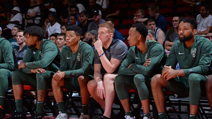 LAS VEGAS, NV - JULY 9: Donte DiVincenzo #9 of the Milwaukee Bucks looks on during the game against the Denver Nuggets during the 2018 Las Vegas Summer League on July 9, 2018 at the Cox Pavilion in Las Vegas, Nevada. NOTE TO USER: User expressly acknowledges and agrees that, by downloading and/or using this photograph, user is consenting to the terms and conditions of the Getty Images License Agreement. Mandatory Copyright Notice: Copyright 2018 NBAE (Photo by Bart Young/NBAE via Getty Images)