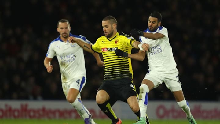 WATFORD, ENGLAND - MARCH 05: Mario Suarez (C) of Watford competes for the ball against Danny Drinkwater (L) and Riyad Mahrez (R) of Leicester City during the Barclays Premier League match between Watford and Leicester City at Vicarage Road on March 5, 2016 in Watford, England. (Photo by Richard Heathcote/Getty Images)