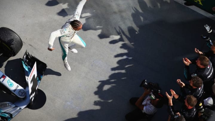 BUDAPEST, HUNGARY - JULY 29: Race winner Lewis Hamilton of Great Britain and Mercedes GP celebrates in parc ferme during the Formula One Grand Prix of Hungary at Hungaroring on July 29, 2018 in Budapest, Hungary. (Photo by Mark Thompson/Getty Images)