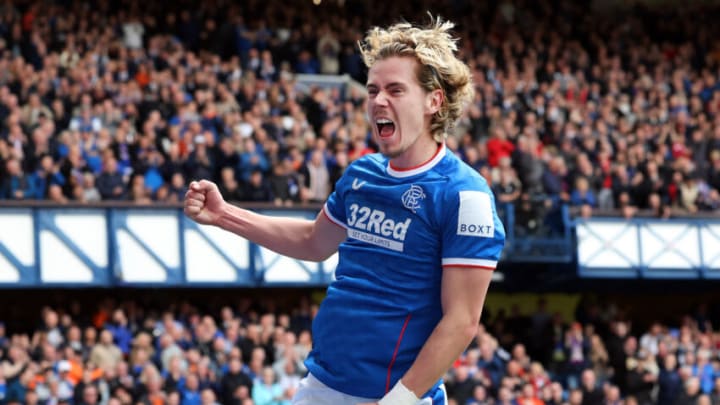 GLASGOW, SCOTLAND - APRIL 15: Todd Cantwell of Rangers celebrates scoring the opening goal during the Cinch Scottish Premiership match between Rangers FC and St. Mirren FC at on April 15, 2023 in Glasgow, Scotland. (Photo by Ian MacNicol/Getty Images)