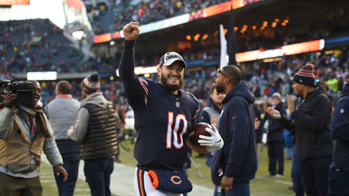 CHICAGO, IL - DECEMBER 16: Quarterback Mitchell Trubisky #10 of the Chicago Bears celebrates after the Bears defeated the Green Bay Packers 24-17 at Soldier Field on December 16, 2018 in Chicago, Illinois. (Photo by Stacy Revere/Getty Images)