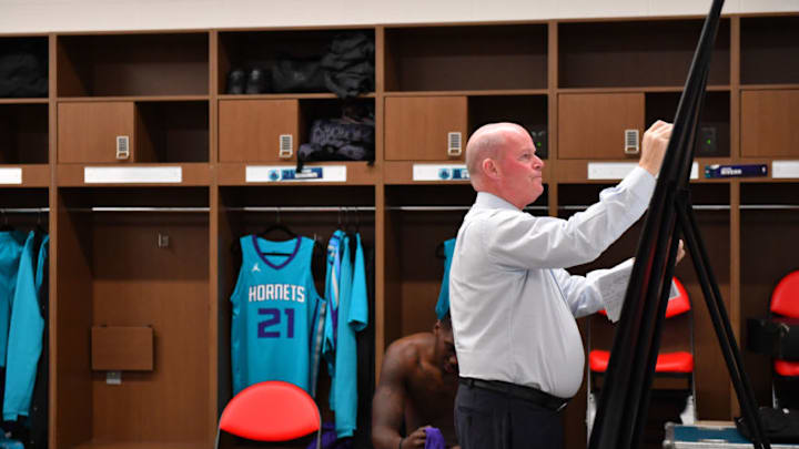 DETROIT, MI - OCTOBER 18: Steve Clifford of the Charlotte Hornets draws up plays before the game against the Detroit Pistons on October 18, 2017 at Little Caesars Arena in Detroit, Michigan. NOTE TO USER: User expressly acknowledges and agrees that, by downloading and/or using this photograph, User is consenting to the terms and conditions of the Getty Images License Agreement. Mandatory Copyright Notice: Copyright 2017 NBAE (Photo by Jesse D. Garrabrant/NBAE via Getty Images)