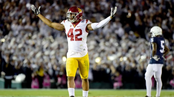 PASADENA, CA – JANUARY 02: Linebacker Uchenna Nwosu #42 of the USC Trojans reacts after a defensive foul in the second half against the Penn State Nittany Lions during the 2017 Rose Bowl Game presented by Northwestern Mutual at the Rose Bowl on January 2, 2017 in Pasadena, California. (Photo by Harry How/Getty Images)