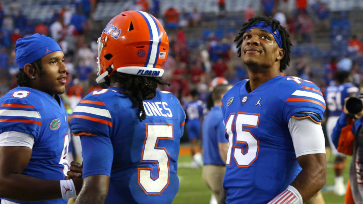 Florida Gators quarterback Anthony Richardson (15) after the football game between the Florida Gators and The Alabama Crimson Tide, at Ben Hill Griffin Stadium in Gainesville, Fla. Sept. 18, 2021.Flgai 09182021 Ufvs Bama 43