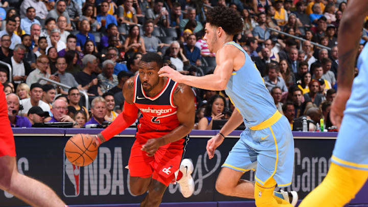 LOS ANGELES, CA - OCTOBER 25: John Wall #2 of the Washington Wizards handles the ball against Lonzo Ball #2 of the Los Angeles Lakers on October 25, 2017 at STAPLES Center in Los Angeles, California. NOTE TO USER: User expressly acknowledges and agrees that, by downloading and/or using this Photograph, user is consenting to the terms and conditions of the Getty Images License Agreement. Mandatory Copyright Notice: Copyright 2017 NBAE (Photo by Andrew D. Bernstein/NBAE via Getty Images) LOS ANGELES, CA - OCTOBER 25: John Wall #2 of the Washington Wizards handles the ball against Lonzo Ball #2 of the Los Angeles Lakers on October 25, 2017 at STAPLES Center in Los Angeles, California. NOTE TO USER: User expressly acknowledges and agrees that, by downloading and/or using this Photograph, user is consenting to the terms and conditions of the Getty Images License Agreement. Mandatory Copyright Notice: Copyright 2017 NBAE (Photo by Andrew D. Bernstein/NBAE via Getty Images)