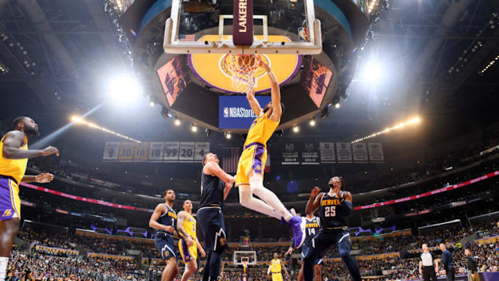 LOS ANGELES, CA - OCTOBER 25: JaVale McGee #7 of the Los Angeles Lakers dunks the ball against the Denver Nuggets on October 25, 2018 at STAPLES Center in Los Angeles, California. NOTE TO USER: User expressly acknowledges and agrees that, by downloading and/or using this Photograph, user is consenting to the terms and conditions of the Getty Images License Agreement. Mandatory Copyright Notice: Copyright 2018 NBAE (Photo by Andrew D. Bernstein/NBAE via Getty Images) LOS ANGELES, CA - OCTOBER 25: JaVale McGee #7 of the Los Angeles Lakers dunks the ball against the Denver Nuggets on October 25, 2018 at STAPLES Center in Los Angeles, California. NOTE TO USER: User expressly acknowledges and agrees that, by downloading and/or using this Photograph, user is consenting to the terms and conditions of the Getty Images License Agreement. Mandatory Copyright Notice: Copyright 2018 NBAE (Photo by Andrew D. Bernstein/NBAE via Getty Images)